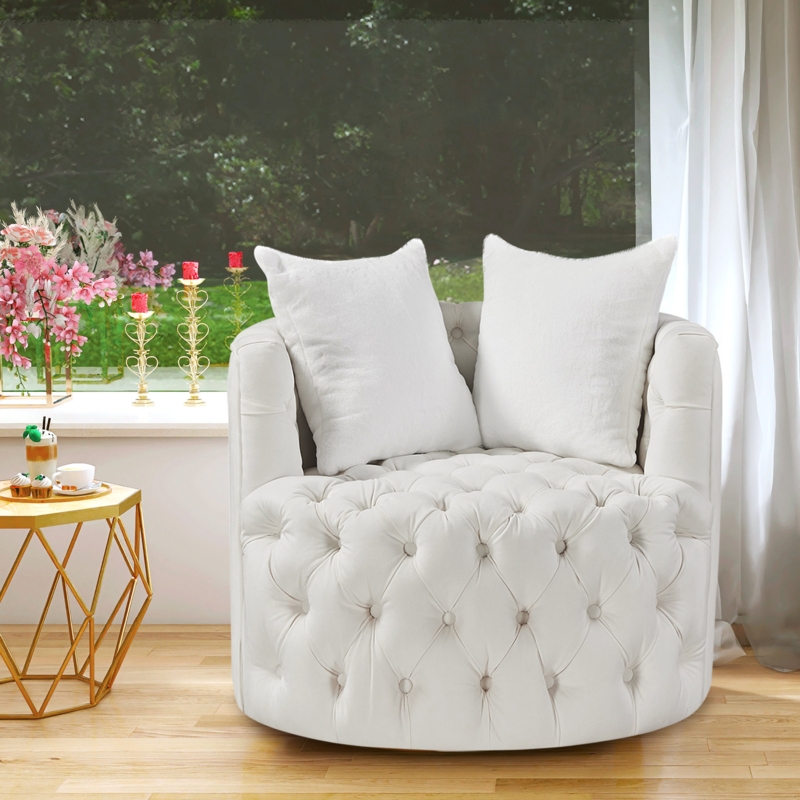 Janais 33.5" Wide Swivel Barrel Chair, Velvet Tufted Botton