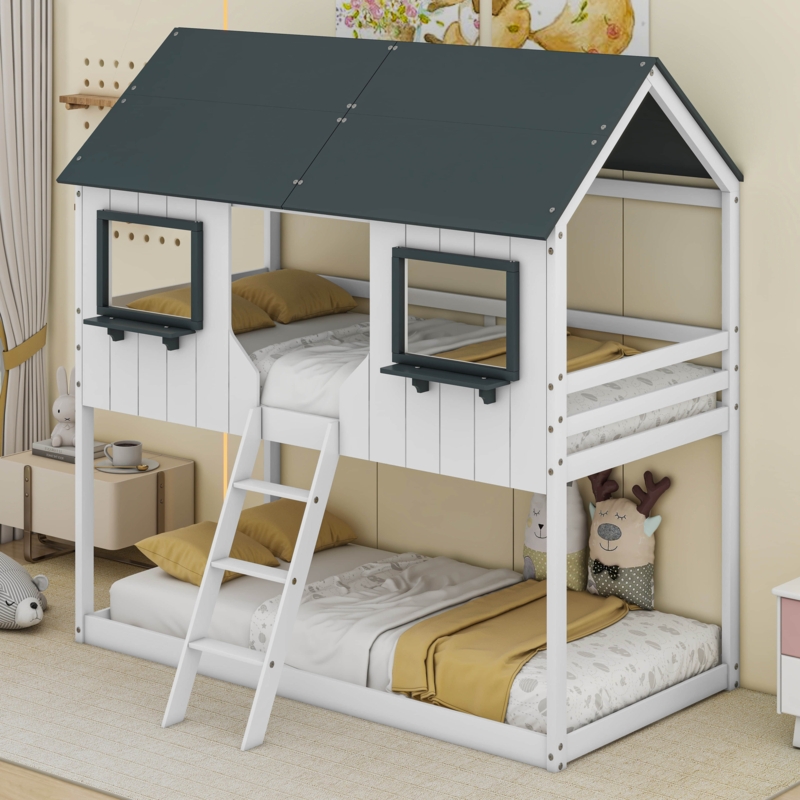 Kids Twin Over Twin Bunk Bed Wood Bed with Roof and Window