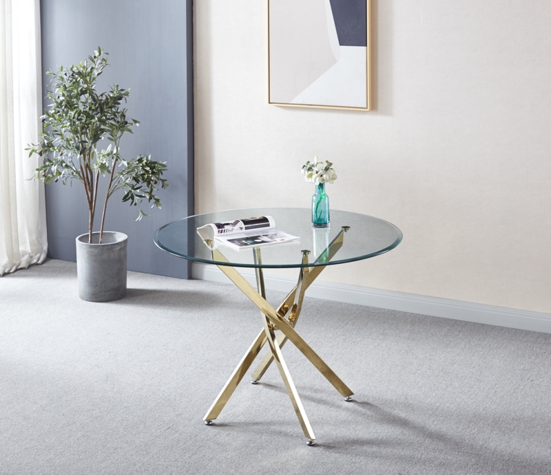 Kosaku Round Glass Top Metal Base Dining Table