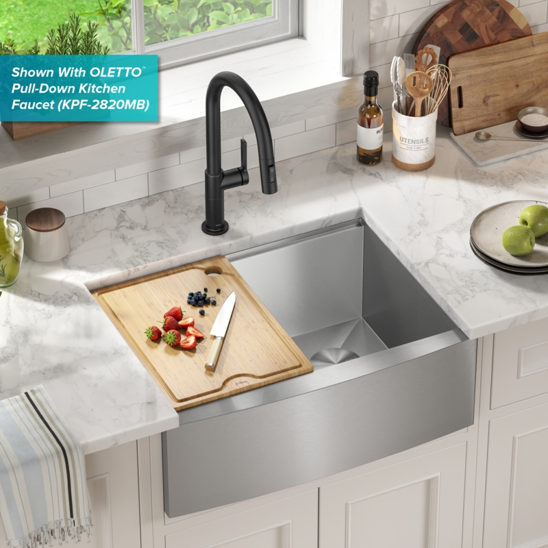 KRAUSKore 27" LFarmhouse Apron Front Workstation 16 Gauge Stainless Steel Single Bowl Kitchen Sink with Accessories