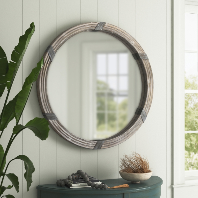 Kyng 31" Wood Wall Mirror, Round Mirror For Wall In Living Room, Bedroom, Natural Wood Color