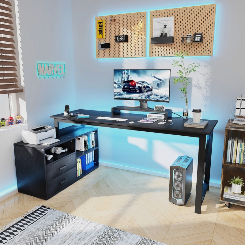 L-Shaped Desk Computer Desk Gaming Home Office Desk with Outlets Storage Drawers and Shelves