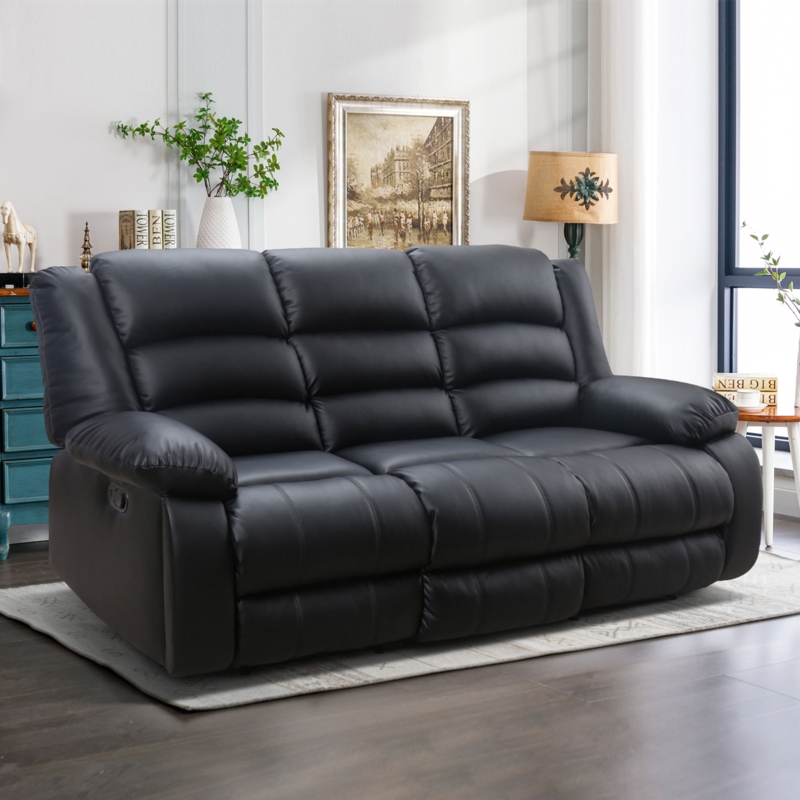 Lamyiah 87'' Wide Modern Soft Vegan Leather Manual Reclining Sofa with Hidden Cup Holder