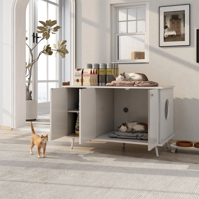 Litter Box Enclosure, Cat Litter Box Furniture With Hidden Plug, 3 Doors,Indoor Cat Washroom Storage Bench Side Table Cat House, Large Wooden Enclused Litter Box House, Black And Walnut