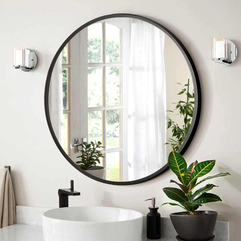 Lizzeth Metal Round, Wall Mounted Entryway Decorative Farmhouse Modern Mirror