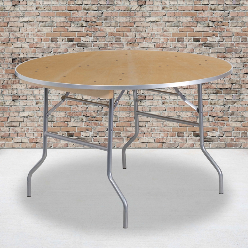 Marcott Round Heavy Duty Birchwood Folding Banquet Table with Metal Edges