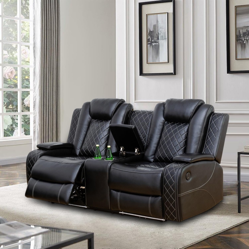 Monieke 73.5" Storage Arm Vegan Leather Power Reclining Sofa with Lighting