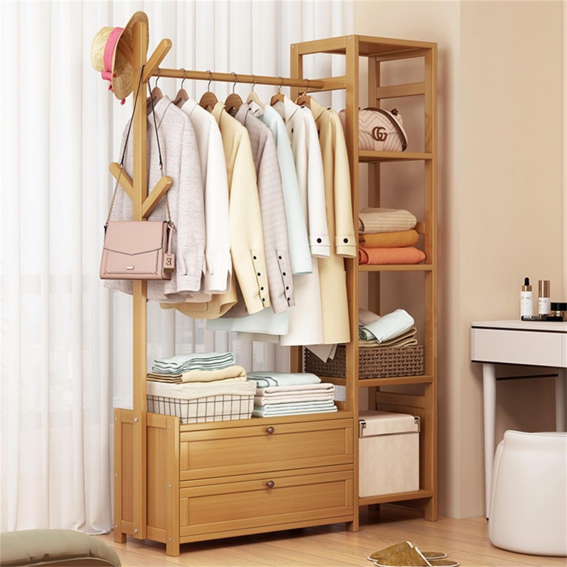 Naiden Bamboo 39" W Clothing Rack Storage Shelves Garment Hanging With Door