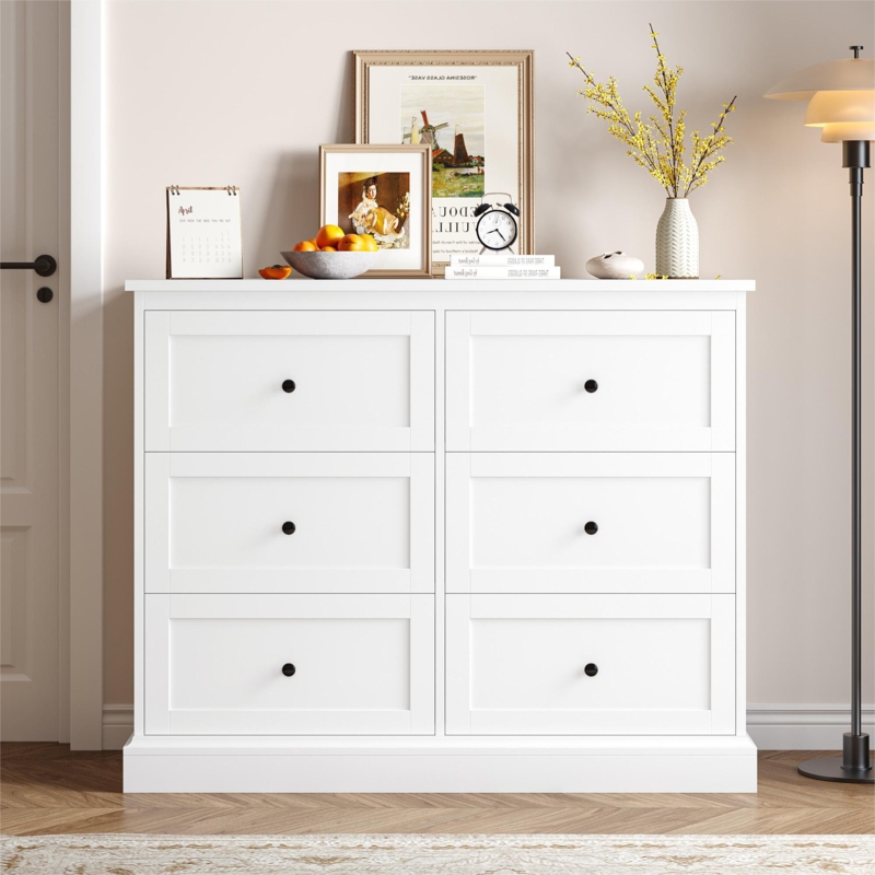 Orasio 43"W 6 Drawer Double Dresser, Chest of Drawers, Modern White Dresser