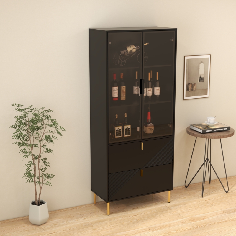 Quinell Wine Cabinet with Drawers and Doors, Black Gold Light Luxury High Wine Rack with Storage Room