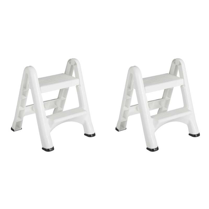 Rubbermaid EZ Two Step Durable Folding Plastic Ladder Step Stool, White