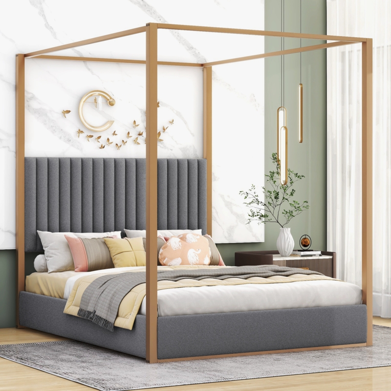 Saadia Queen Size Upholstery Canopy Platform Bed with Headboard and Metal Frame