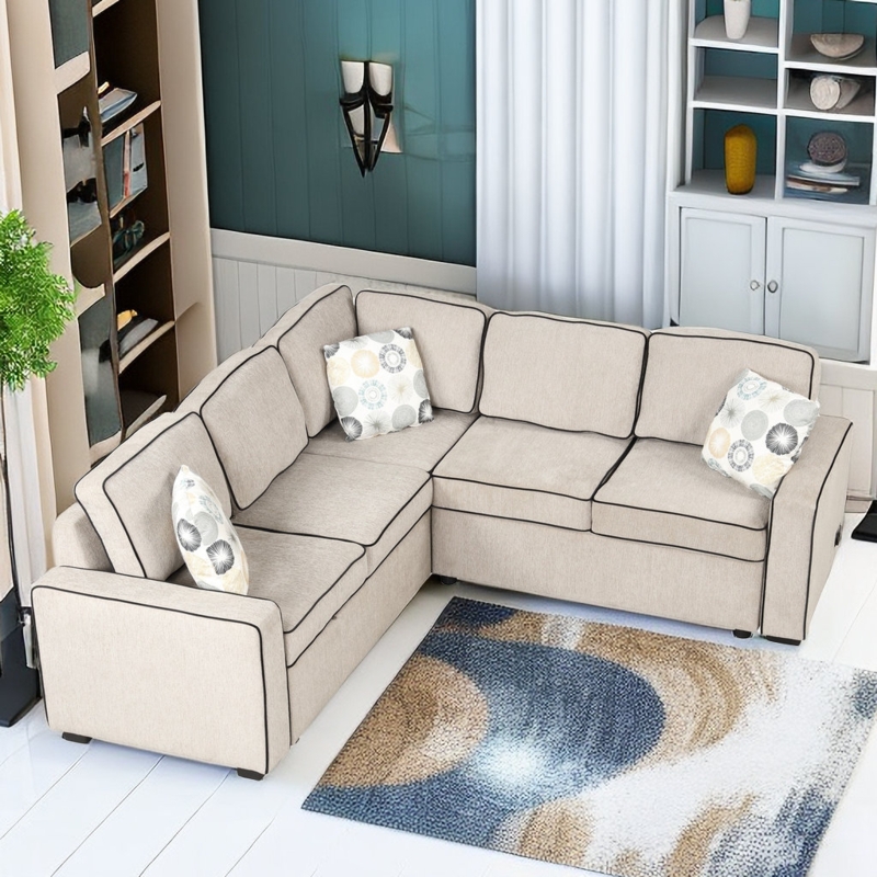 Schiff 83" Linen Scetional Sleeper Sofa with Pull Out Bed and Charging Station