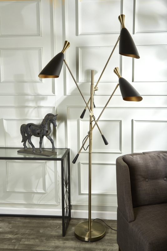 Simona 77"H, Metal Three-Light Floor Lamp, Gold/Black, Modern Standing Lamp for Room