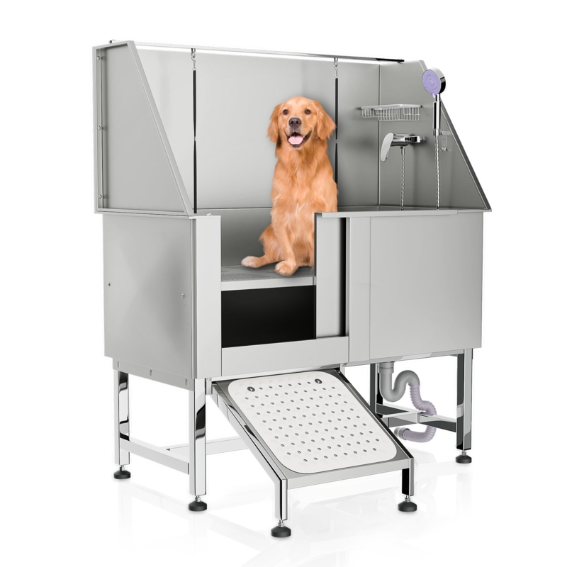 Stainless Steel Pet Dog Grooming Bath Tub with Sliding Door Non-Skid Ramp