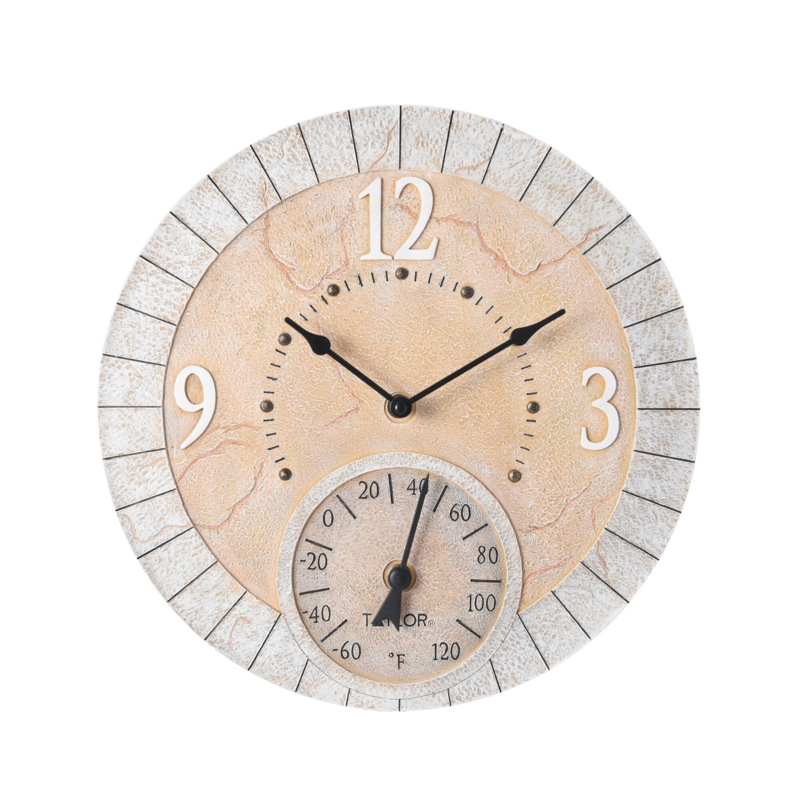Taylor Precision Products Terra Cotta Poly Resin Indoor/Outdoor Clock and Thermometer, 14 Inch, Multi-Color