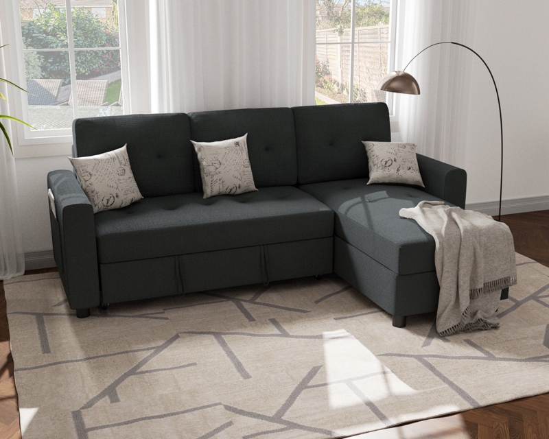 Tovi Sleeper Sofa Bed, Sectional Sofa Couch with Reversible Storage Chaise, Hidden Storage, Side Pocket