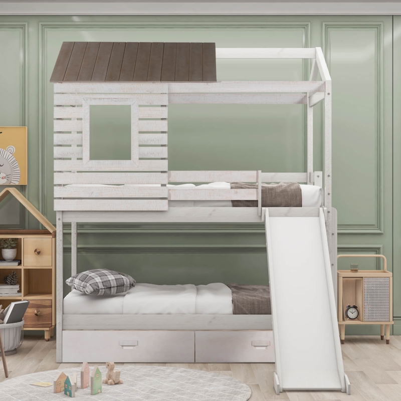 Twin over Twin 2 Drawers Wooden Bunk Bed with Slide by Harper Orchard