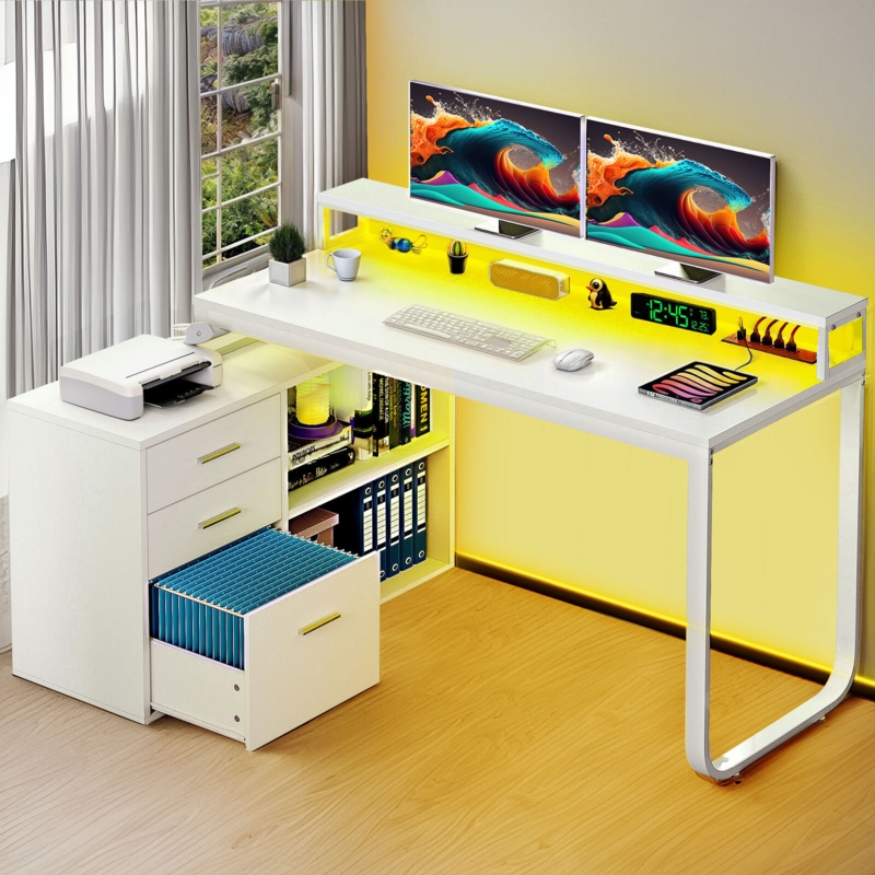 Vernell 55.1'' L-Shape Computer Desk with Storage and Built-In Outlets