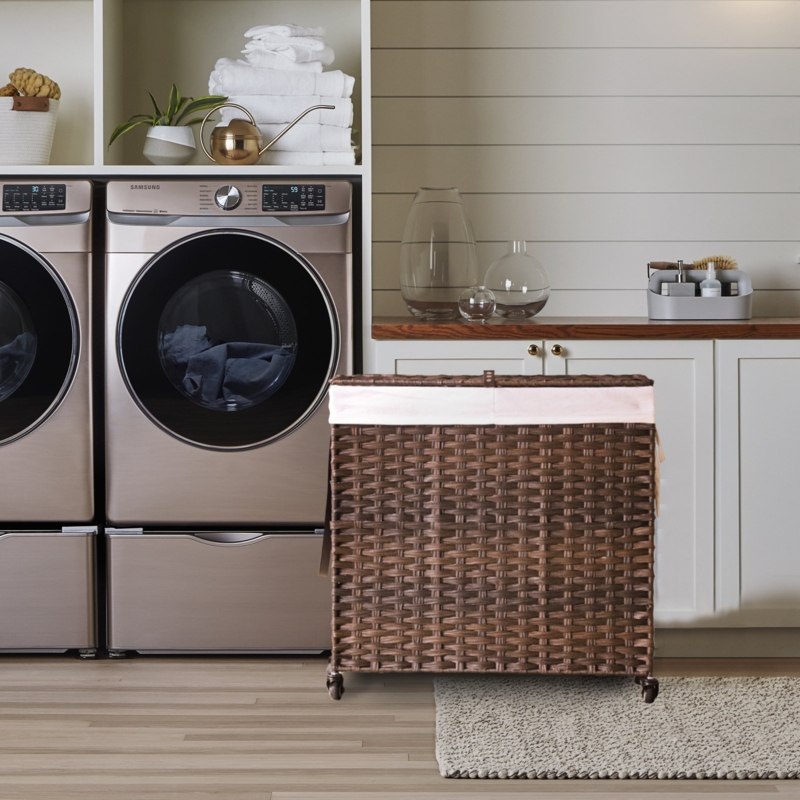Wicker Rolling Laundry Hamper with Handles