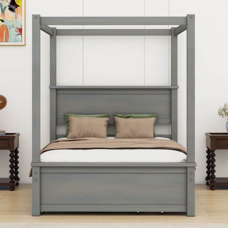 Wood Canopy Bed with Trundle Bed and two Drawers