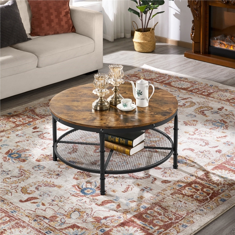 Woodbine Round Coffee Table with 2-Tier Storage Shelf