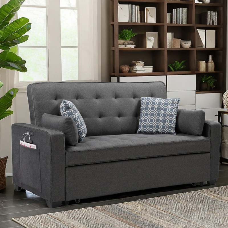 Yeltsin Tufted Linen Convertible Sofa Bed with 2 Pillows, USB Port and Side Pocket
