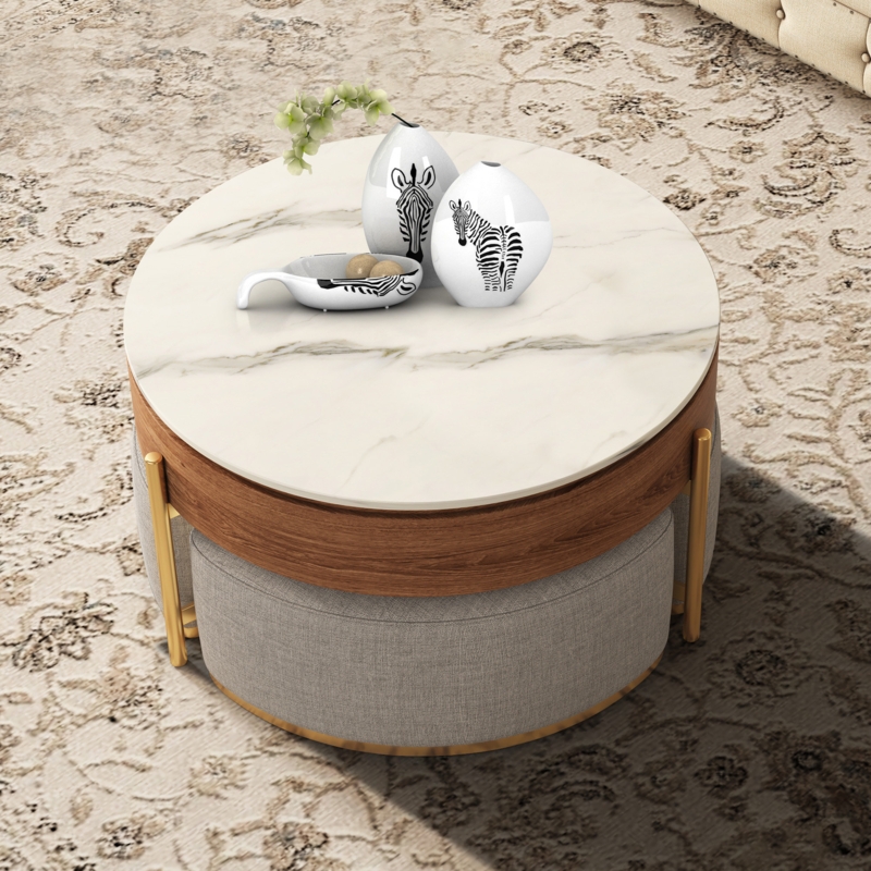 Zinna Lift Top Round Coffee Table Nesting Living Room Table with Storage 3 Stools Included
