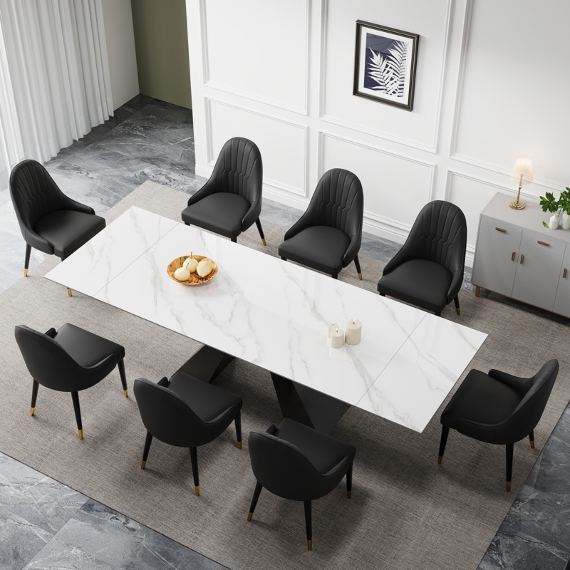 Kutas 9 - Piece 110.23'' Extendable Sintered Stone Dining Table and 8 Leather Chairs Dining Set
