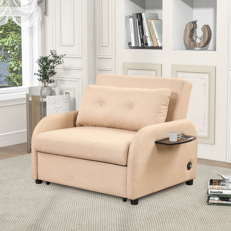 Pull Out Sofa Sleeper 3 In 1 With 2 Wing Table And Usb Charge For Nap Line Fabric