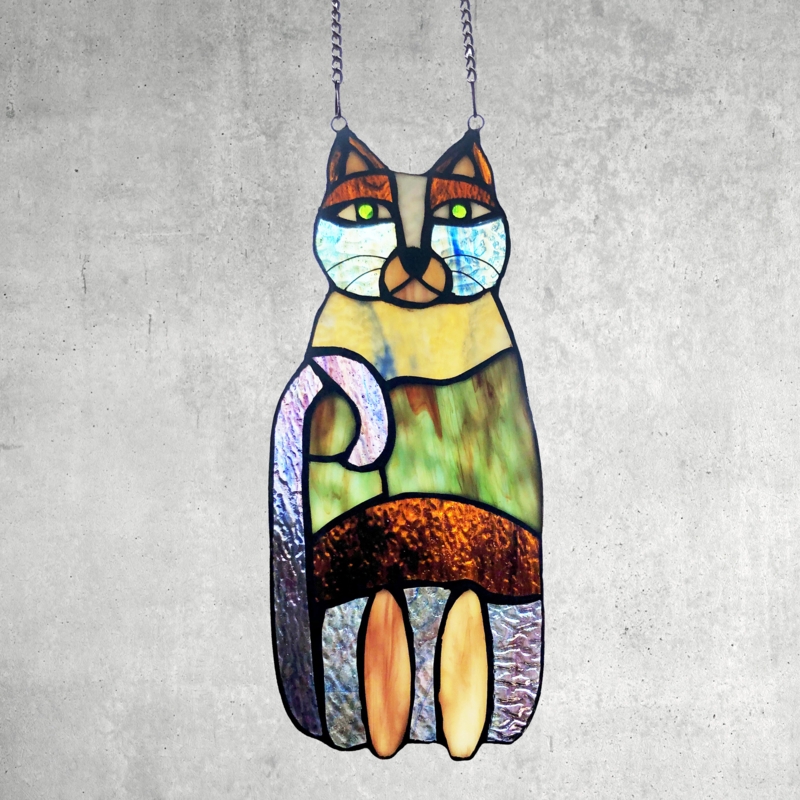 13" H Crazy Cat-Stained Glass Window Panel