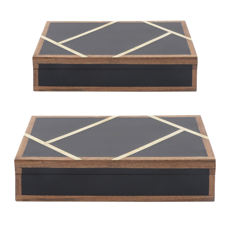 2 Piece Set Storage Boxes - 10" u0026 12" Black with Gold Inlay Polyresin Decorative Keepsake Boxes for Storage, Jewelry, Gift Idea