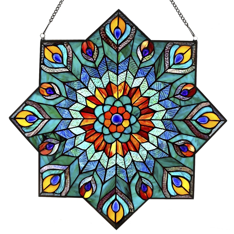 24"H Tiffany Style Stained Glass Peacock Star Window Panel