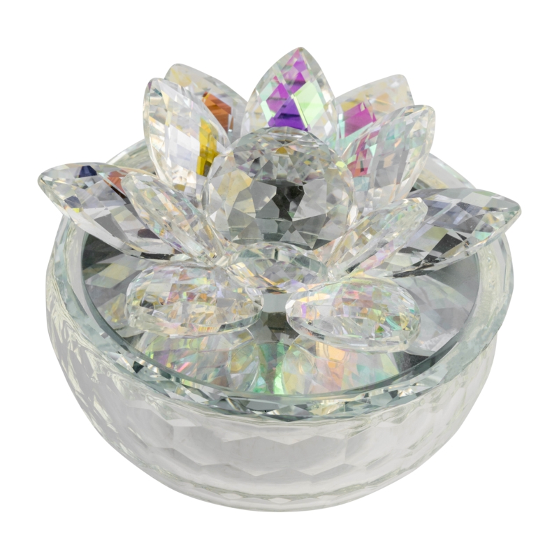5" Glass Trinket Jar - Contemporary Crystal Glass Lotus Jewelry Keepsake Box - Girl Teenager Woman Gift Idea