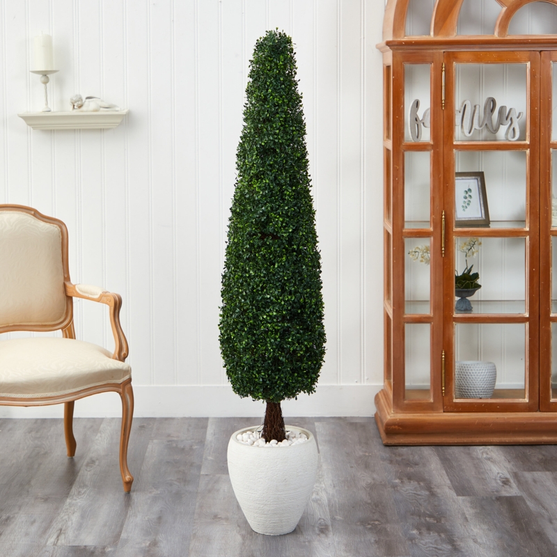 63in. Boxwood Topiary Artificial Tree in White Planter UV Resistant (Indoor/Outdoor)