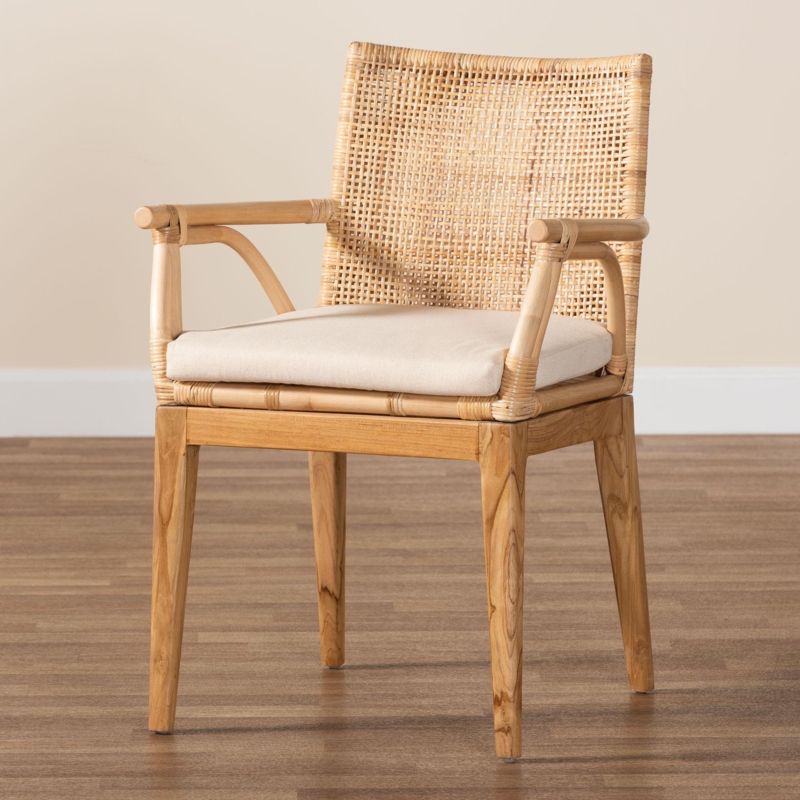 Alvi Fabric Low Back Rattan Arm Chair Dining Chair