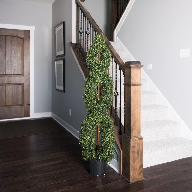 Artificial Green Boxwood Double Spiral Topiary, Black Plastic Pot