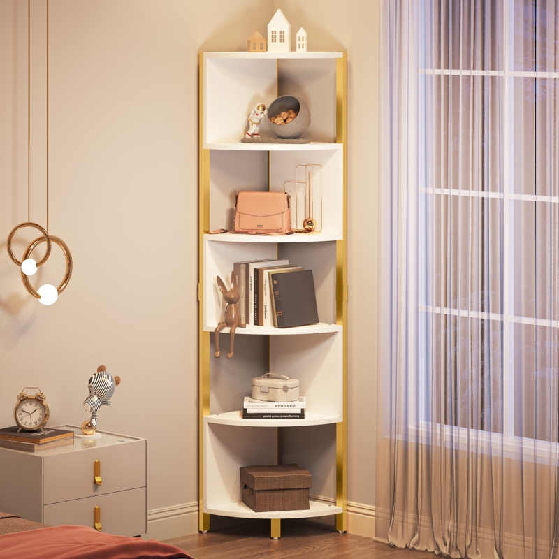 Besnike 68"H x 14"W Open Display Shelves Corner Wood Etagere Bookcase