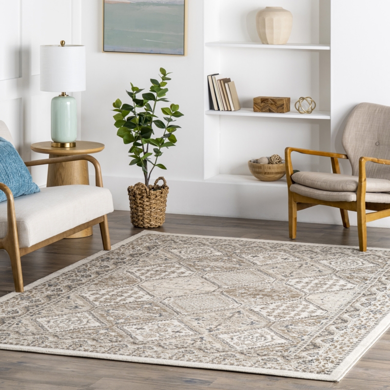 Holden Traditional Tiled Power Loom Performance Beige/Cream Rug