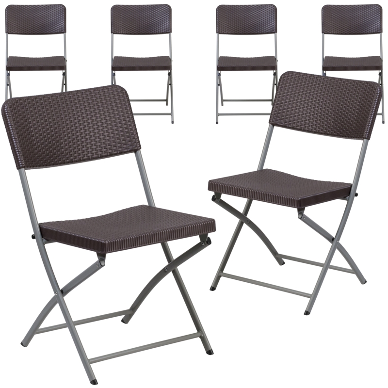 Johnson Brown Rattan Plastic Folding Chair with Gray Frame - Event Chair (Set of 6)