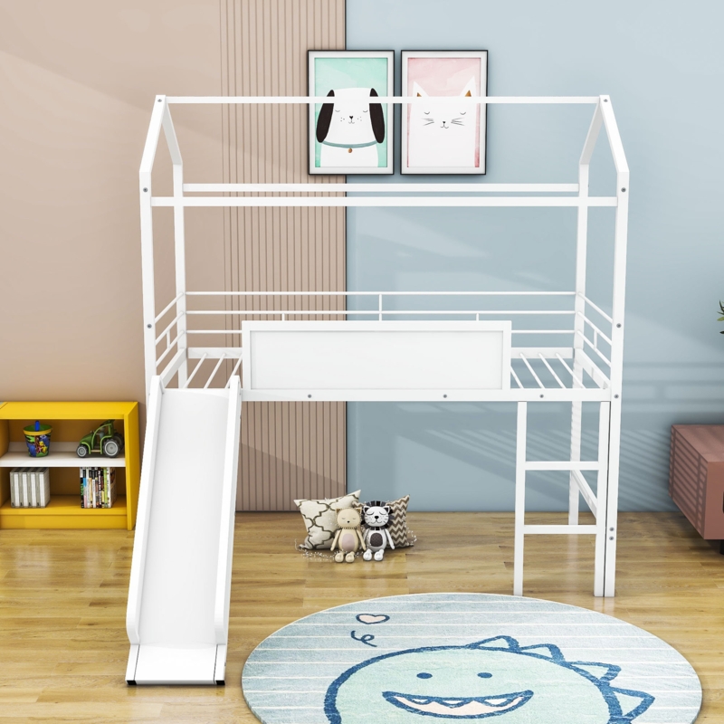 Manzanita Kids Twin Size Metal House Loft Bed with Slide and Writing Board