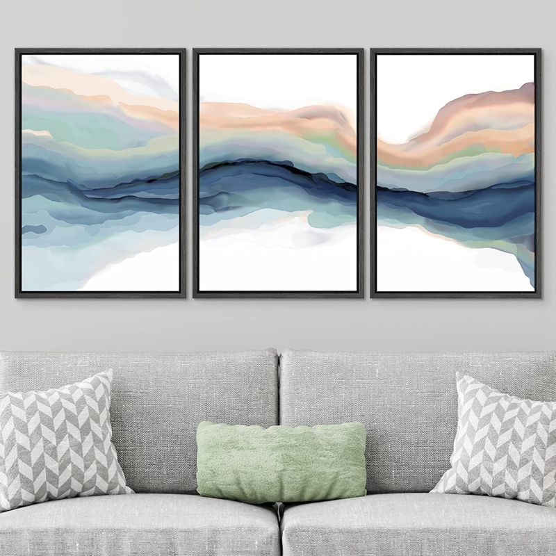 " Pastel Watercolor Teal Brown Multicolor Paint Stroke Abstract Landscape " 3 - Pieces Painting on Canvas