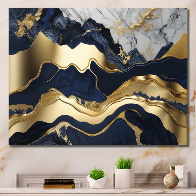 Rehoboth " Blue And Gold Mesmerizing Marble Abstraction I " Print on Canvas