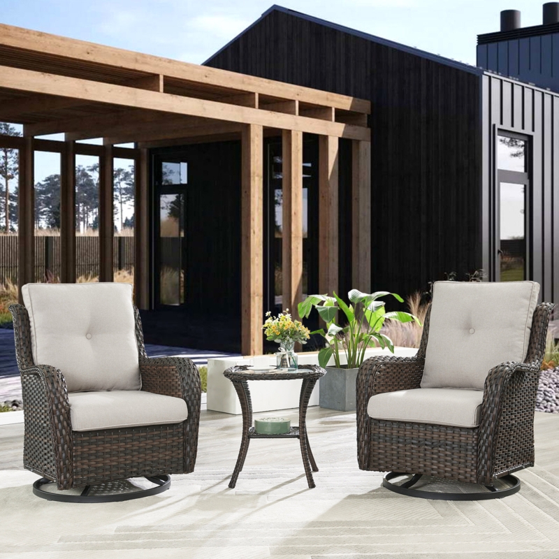 Schutt 3 Piece Furniture Set Wicker Swivel Chairs and Side Table with Cushions