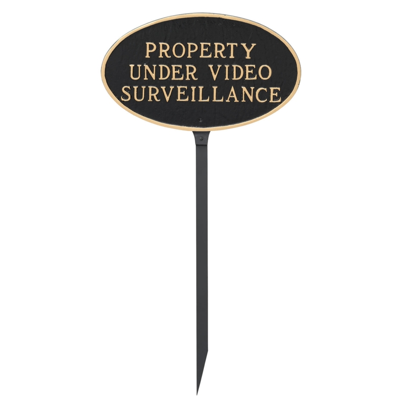 Small Oval Property Under Video Surveillance Statement Plaque Sign with Lawn Stake