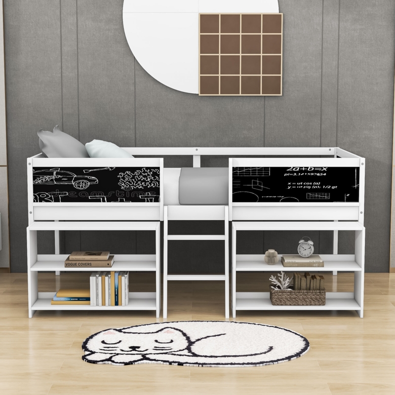 Twin Size Low Wood Loft Bed with Shelves and Ladder