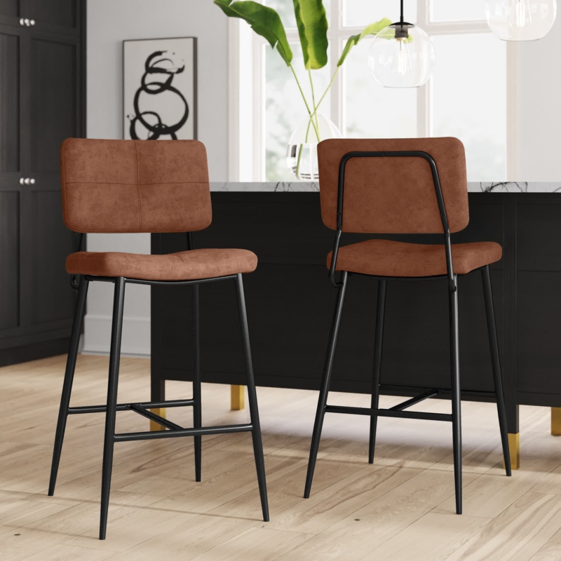 Upholstered PU Leather Bar Stool for Kitchen Bistro Pub Armless Modern Bar Chair with Metal Base (Set of 2)