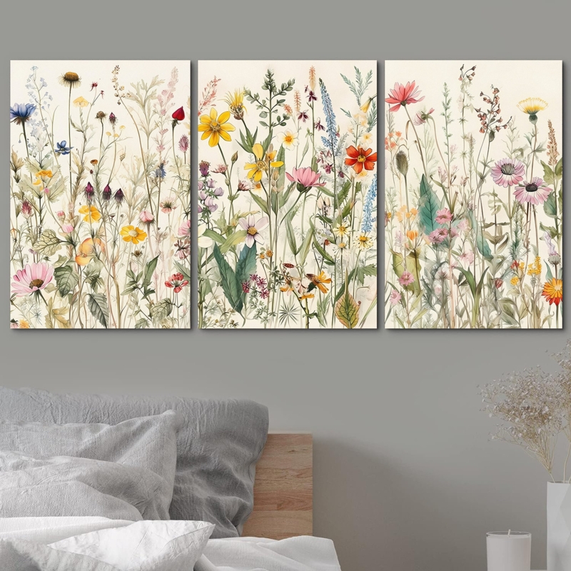 Vibrant Colorful Wildflowers Floral & Botanical Plant On Canvas 3 Pieces Set Print Wall Art