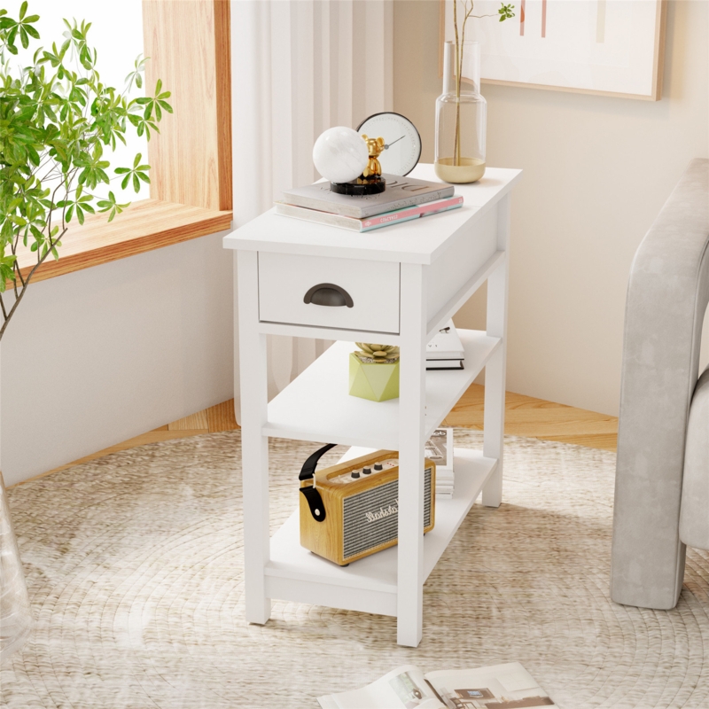 Wood Narrow Sided, Table Sofa Side Table with Drawers and Partition in 180 Flip Over Design