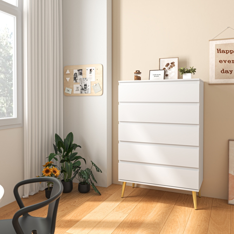 Yalana 5 - Drawer Dresser with Smooth Metal Rail, Clothing Organizer W Ample Space, White